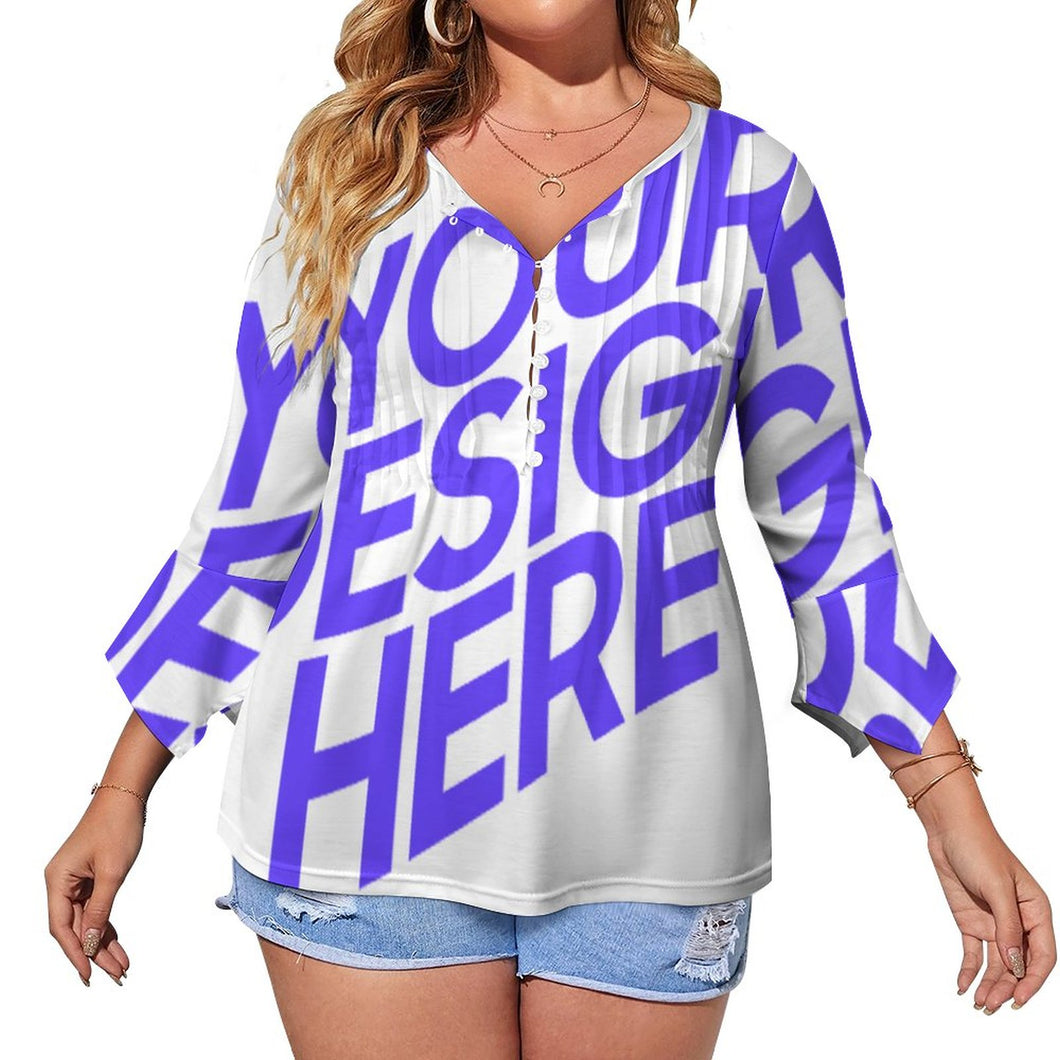 Camisa de mujer de manga larga con volantes de diez botones y manga de pétalo SDS20150 personalizado con patrón foto texto (impresión de imagen única)
