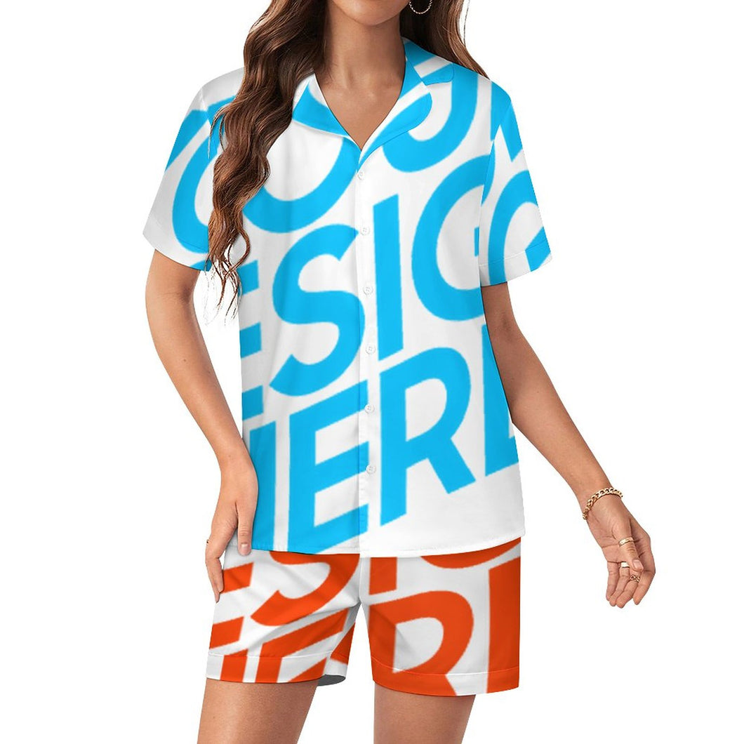 Conjunto de pijama de seda de 2 piezas con botones y manga corta para mujer personalizado con patrón foto texto (impresión de imagen única)