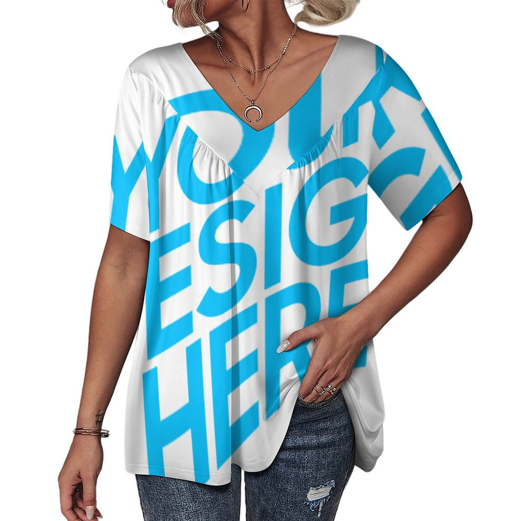 Camiseta de manga corta con cuello en V volante suelto para mujer BDT Personalizada con Impresión Completa de una imagen con Foto Logo Patrón Texto