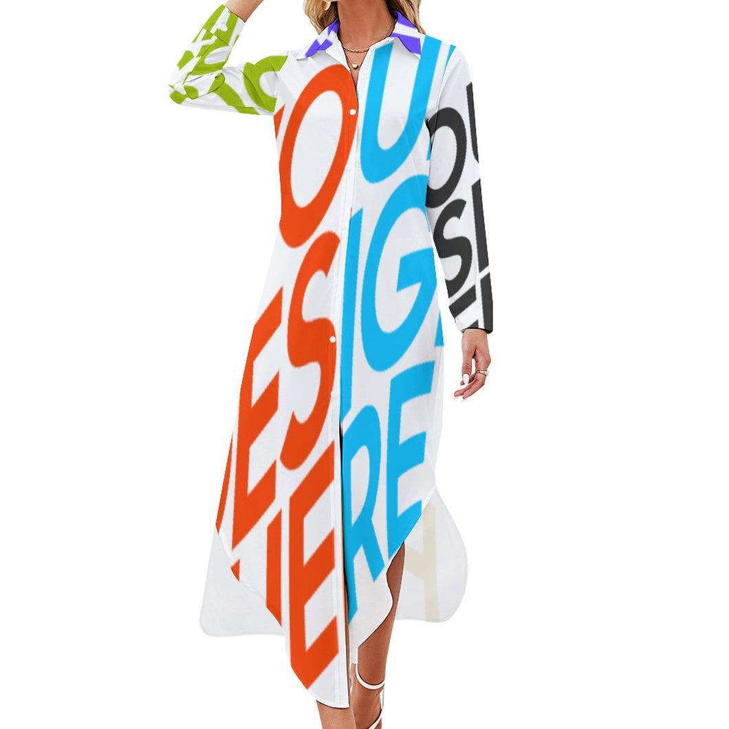 Vestido camisero manga larga cuello abotonado solapa para mujer JS Personalizado con Impresión Completa de múltiples imágenes con Foto Logo Patrón Texto