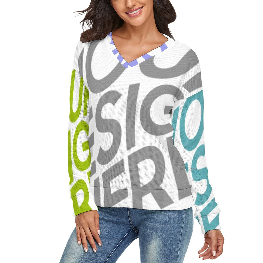 Jersey Suéter Suave con Estampado Cuello en V para Mujer MY02 Personalizado con Impresión Completa de múltiples imágenes con Foto Logo Patrón Texto