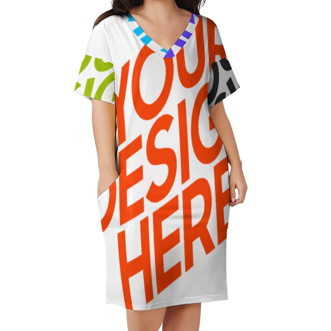 Vestido suelto con cuello en V bolsillo de moda para mujer LQ Personalizada con Impresión Completa de múltiples imágenes con Foto Logo Patrón Texto